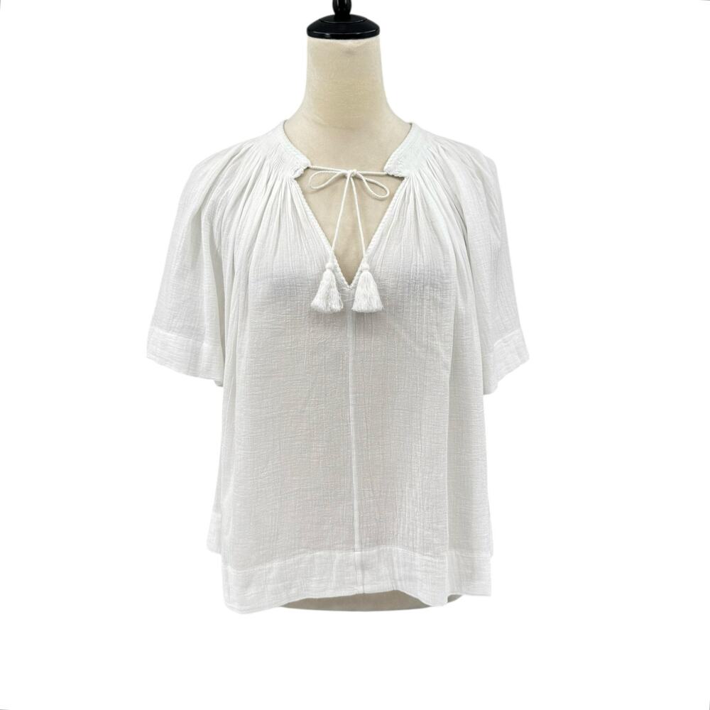 Vince Flowy White Cotton Short Sleeve Tassel Lightweight Top